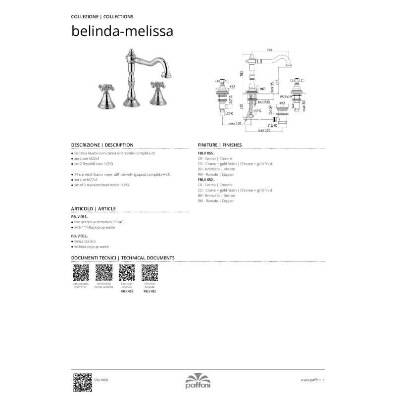 Bateria umywalkowa 3-otworowa Belinda stare złoto PAFFONI RUBINETTERIE FBLV055BR