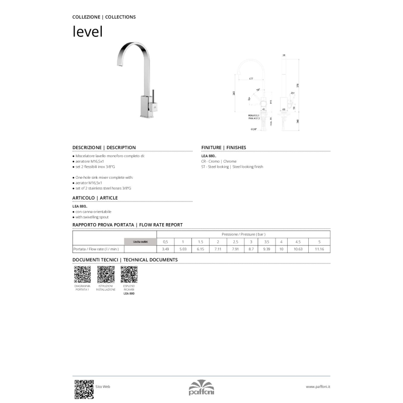 Bateria zlewozmywakowa stojąca Level stal szczotkowana PAFFONI RUBINETTERIE LEA880ST