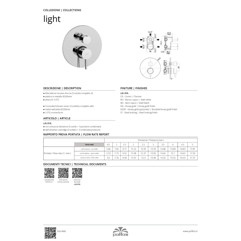 Bateria podtynkowa 3-drożna z przełącznikiem mechanicznym Light złoty PAFFONI RUBINETTERIE LIG019HG