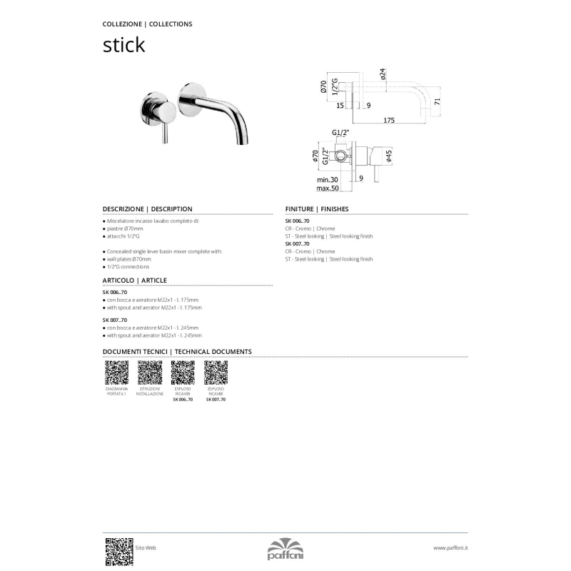 Bateria umywalkowa podtynkowa 120mm Stick stal szczokowana PAFFONI RUBINETTERIE SK004ST70