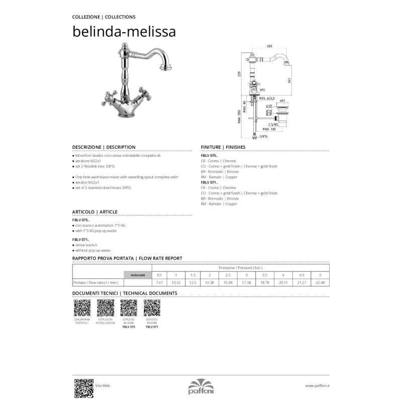 Bateria umywalkowa stojąca Belinda miedź szczotkowana PAFFONI RUBINETTERIE FBLV075RM
