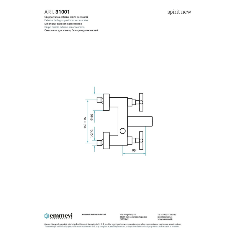 Bateria wannowa ścienna (korpus) Spirit New czarny mat EMMEVI RUBINETTERIE 31001NO