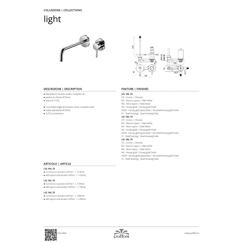 Bateria umywalkowa podtynkowa 248mm Light złoty PAFFONI RUBINETTERIE LIG106HG70