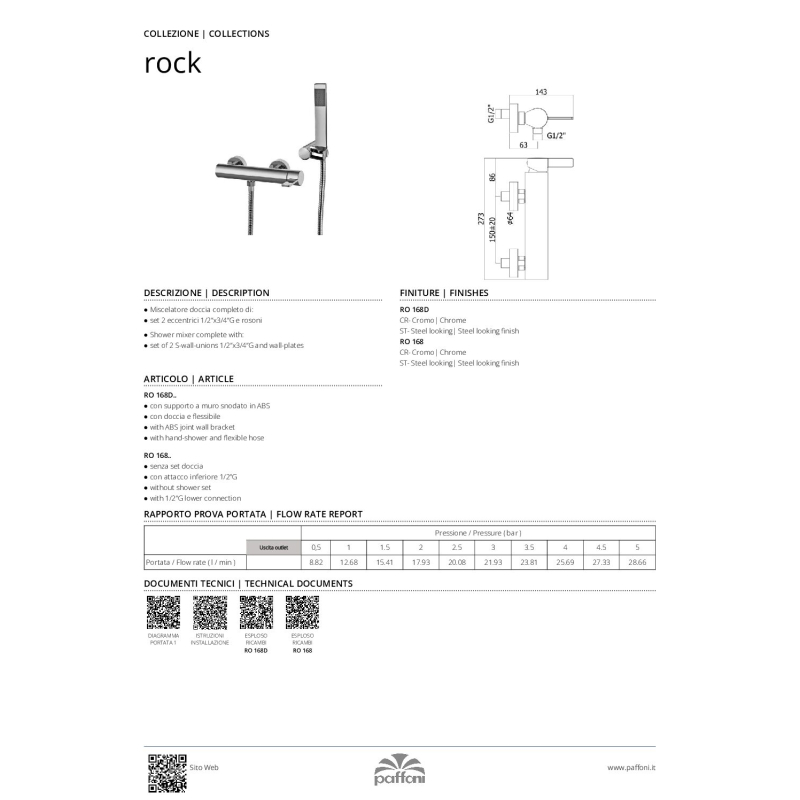 Bateria natryskowa ścienna (korpus) Rock stal szczotkowana PAFFONI RUBINETTERIE RO168ST