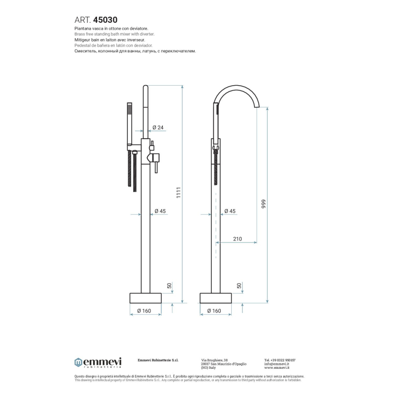 Bateria wannowa wolnostojąca Piper chrom EMMEVI RUBINETTERIE 45030CR