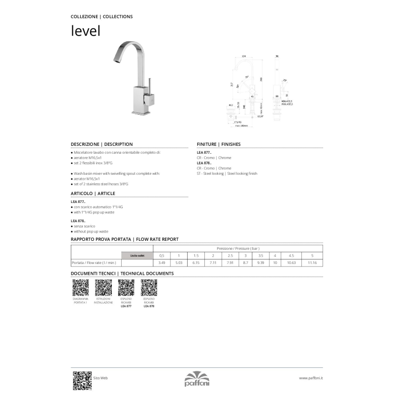 Bateria umywalkowa (bez korka) Level stal szczotkowana PAFFONI RUBINETTERIE LEA878ST
