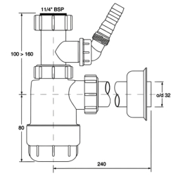 Syfon umywalkowy butelkowy niski 11/4x32mm z podłączeniem pralki lub zmywarki bez spustu MCALPINE HC2WM-32