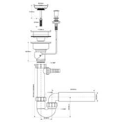 Syfon zlewozmywakowy rurowy 3,5x50mm z podłączeniem do pralki lub zmywarki, spust z mech.automatycznym MCALPINE HC7+PUS113-CP