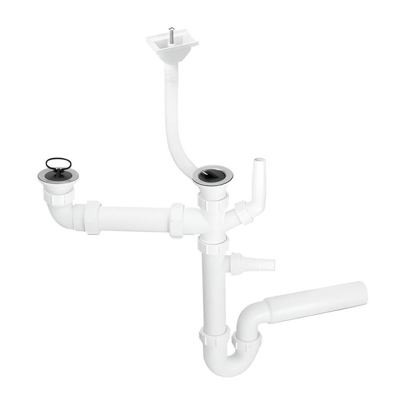 Syfon zlewozmywakowy rurowy podwójny 11/2x50mm z podłączeniem pralki i zmywarki, przelew MCALPINE HC7+DO2-UR