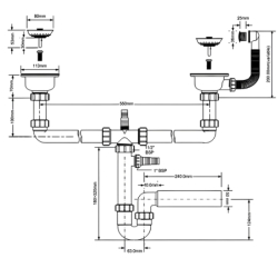 Syfon zlewozmywakowy rurowy podwójny 3,5x50mm z podłączeniem pralki lub zmywarki, przelew MCALPINE HC7HC12-POL1-25