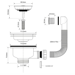 Spust zlewozmywakowy 11/2x113mm z sitkiem wyciąganym ze stali nierdzewnej, przelew okrągły MCALPINE FSW50PPOL25