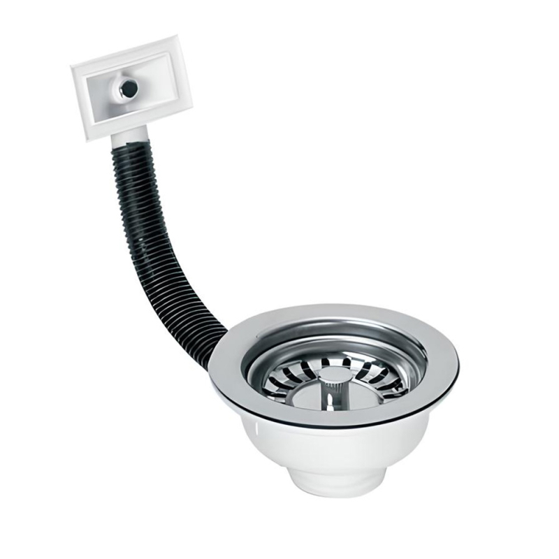 Spust zlewozmywakowy 11/2x113mm z sitkiem wyciąganym ze stali nierdzewnej, przelew prostokątny MCALPINE FSW50PR