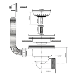 Spust zlewozmywakowy odejście poziome 11/2x113mm z sitko wyciągane ze stali nierdzewnej, przelew prostokątny MCALPINE HC162R-FS