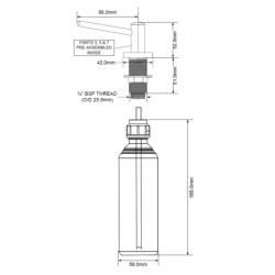 Dozownik do płynów mocowany w blacie, zlewozmywaku lub umywalce, element dozujący mosiądz chrom MCALPINE SOAP-CPB-25-BB