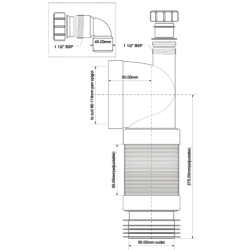 Przyłącze kanalizacyjne harmonijkowe l-265540mm,wejście 90-110mm,wyjście 110mm, kąt 90 z podłączeniem 40mm MCALPINE WC-CON8FD
