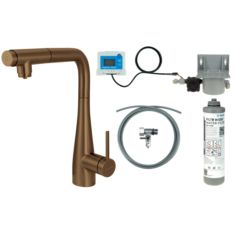 Bateria kuchenna z zestawem do filtracji wody z wyciąganą wylewką Eridan brąz szczotkowany DEANTE BREFC75M