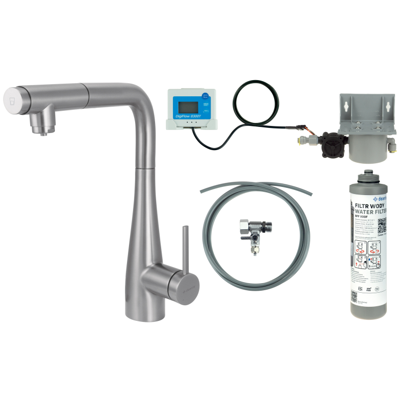 Bateria kuchenna z zestawem do filtracji wody z wyciąganą wylewką Eridan stal szczotkowana DEANTE BREFF75M