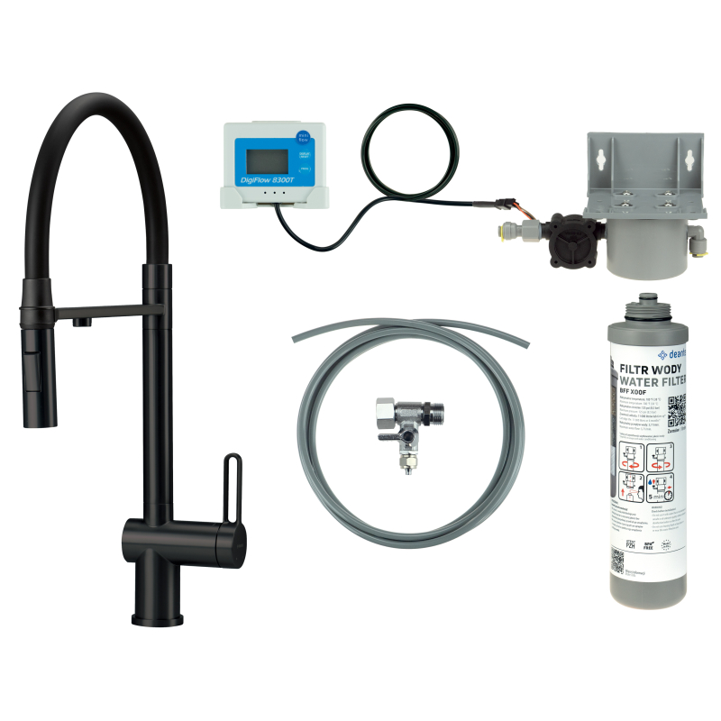 Bateria kuchenna z zestawem do filtracji wody z elastyczną wylewką Magnetic nero DEANTE BRMFN75M