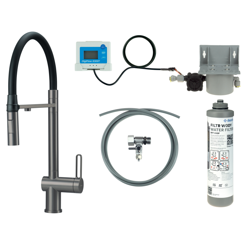 Bateria kuchenna z zestawem do filtracji wody z elastyczną wylewką Magnetic titanium DEANTE BRMFD75M