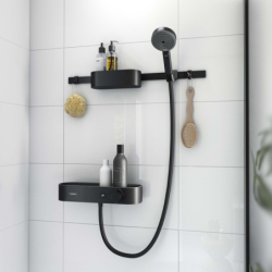 Pakiet Główka 105 3jet Activation EcoSmart, bat. prysz., termo., panel 70 cm Set akces. Czarny mat WallStoris HANSGROHE 24250670