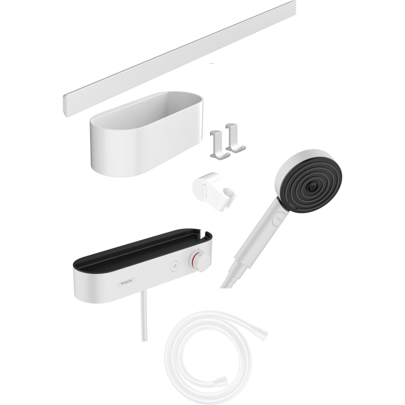 Pakiet Główka 105 3jet Activation EcoSmart, bat. prysz., termo., panel 70 cm Set akces. Biały mat WallStoris HANSGROHE 24250700