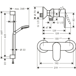 Sys. prysz. 100 Vario EcoSmart z drążek 65 cm Crometta i jednouchwytową bat prysznic, Chrom Vernis Blend HANSGROHE 26957000