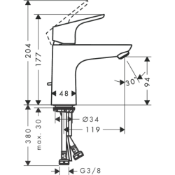 Jednouchwytowa bateria umywalkowa 100 LowFlow z kompletem odpływowym z cięgłem Chrom Focus HANSGROHE 31603000