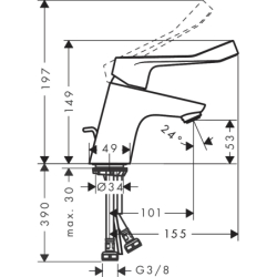 Jednouchwytowa bateria umywalkowa 70 Care z długim uchwytem 12,1 cm i kpl odpływowym z cięgłem Chrom Focus HANSGROHE 31910000