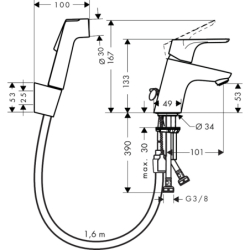 Jednouchwytowa bateria umywalkowa 70 z główką Bidette i wężem 160 cm, bez kompletu odpływowego Chrom Focus HANSGROHE 31926000