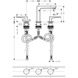 3-otworowa bateria umywalkowa 110 z uchwytami jednoramiennymi i kompletem odpływowym Push-Open Chrom Metropol HANSGROHE 32514000