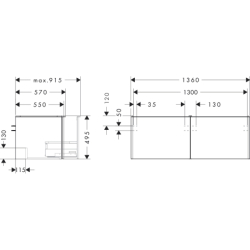 Szafka pod szlifowaną umywalkę wpuszczaną w blat z 2 szufladami 1360/550, Ciemny Orzech Xelu Q HANSGROHE 54069670