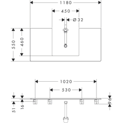 Blat 1180/550 z wycięciem na środku pod umywalkę wpuszczaną, szlifowaną 500/480 matowy szary diament Xelu Q HANSGROHE 54096910