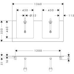 Blat 1360/550 z wycięciami pod 2 umywalki wpuszczane, szlifowaną 500/480 Biały Błyszczący Xelu Q HANSGROHE 54099050