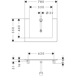 Blat 780/550 z wycięciem na środku pod umywalkę wpuszczaną, szlifowaną 600/480 Biały Błyszczący Xelu Q HANSGROHE 54109050