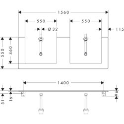 Blat 1560/550 z wycięciami pod 2 umywalki wpuszczane, szlifowaną 600/480 Ciemny Orzech Xelu Q HANSGROHE 54112630