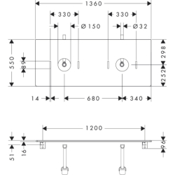 Blat 1360/550 z wycięciami pod 2 umywalki nablatowe bez otworu na baterię Ciemny Orzech Xelu Q HANSGROHE 54118630
