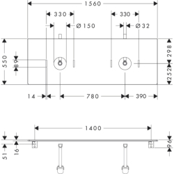 Blat 1560/550 z wycięciami pod 2 umywalki nablatowe bez otworu na baterię Biały Błyszczący Xelu Q HANSGROHE 54119050