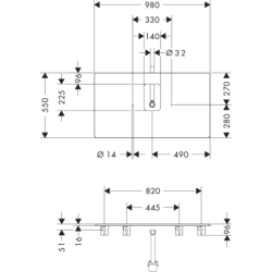 Blat 980/550 z wycięciem na środku pod umywalkę nablatową z otworem na baterię Naturalny Dąb Xelu Q HANSGROHE 54121230
