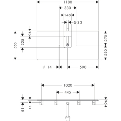 Blat 1180/550 z wycięciem na środku pod umywalkę nablatową z otworem na baterię matowy szary diament Xelu Q HANSGROHE 54122910