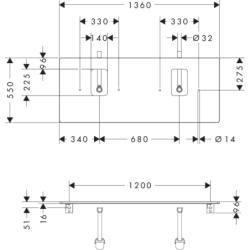 Blat 1360/550 z wycięciami pod 2 umywalki nablatowe z otworem na baterię Ciemny Orzech Xelu Q HANSGROHE 54125630