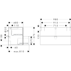 Szafka pod umywalkę wiszącą z 2 szufladami 980/475, Szary Łupek Matowy Xevolos E HANSGROHE 54183390