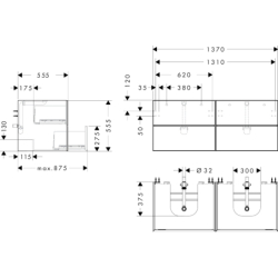 Szafka pod 2 szlifowane umywalki wpuszczane w blat/nablatowe z 4 szufladami 1370/550, Biały Matowy Xevolos E HANSGROHE 54196730