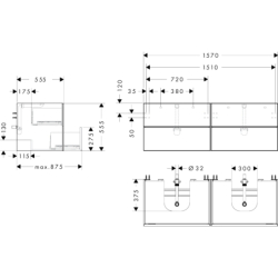 Szafka pod 2 szlifowane umywalki wpuszczane w blat/nablatowe z 4 szufladami 1570/550, Biały Matowy Xevolos E HANSGROHE 54199730