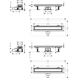 odpływ liniowy 600, ruszt ozdobny/do wyłożenia płytkami, standard/niski Stal Szlachetna brushed RainDrain Go HANSGROHE 56271800