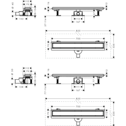 odpływ liniowy 700, ruszt ozdobny/do wyłożenia płytkami, standard/niski Stal Szlachetna brushed RainDrain Go HANSGROHE 56272800