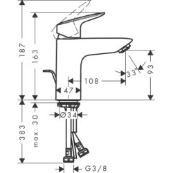 Jednouchwytowa bateria umywalkowa 100 LowFlow z kompletem odpływowym z cięgłem Chrom Logis HANSGROHE 71104000