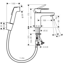 Bateria umywalkowa 100 z główką Bidette i wężem 160 cm, bez kompletu odpływowego Chrom Vernis Blend HANSGROHE 71215000