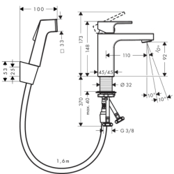 Bateria umywalkowa 100 z główką Bidette i wężem 160 cm, bez kompletu odpływowego Chrom Vernis Shape HANSGROHE 71216000