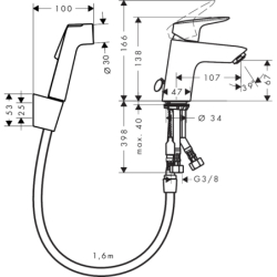 Jednouchwytowa bateria umywalkowa 100 z główką Bidette i wężem 160 cm, bez kompletu odpływowego Chrom Logis HANSGROHE 71290000