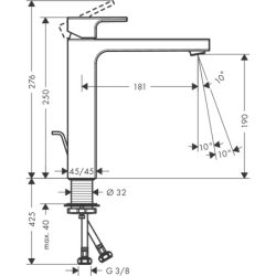 Bateria umywalkowa 190 z odizolowanym kanałem wody i metalowym kpl odpływowym z cięgłem Chrom Vernis Shape HANSGROHE 71590000